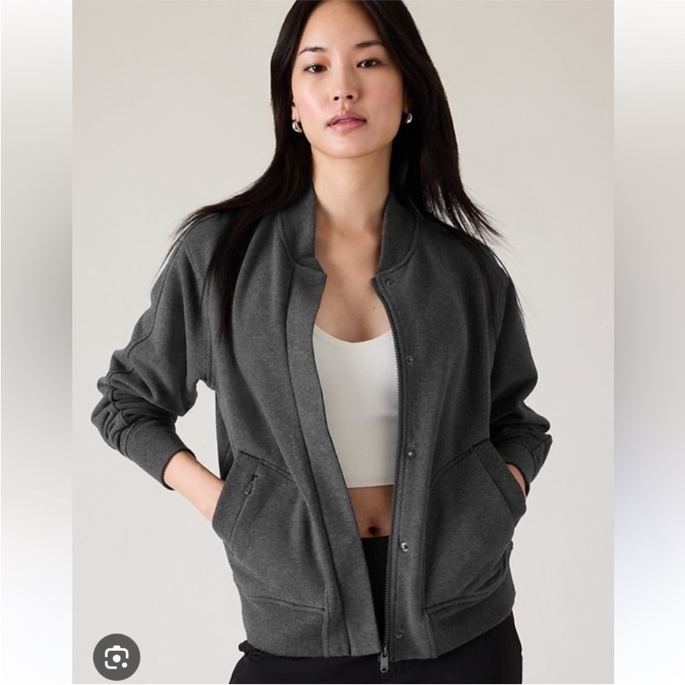 Athleta Retroplush Bomber Jacket Charcoal Grey Heather Athleisure Size Small